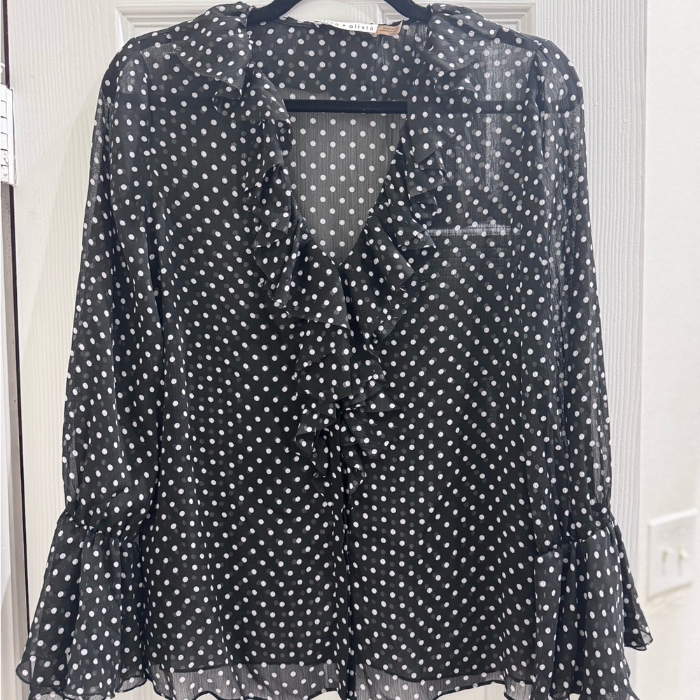 Alice + Olivia Sheer Polka Dot Ruffle Blouse